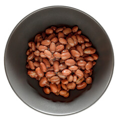 Red beans in sauce in grey bowl, isolated on transparent background .