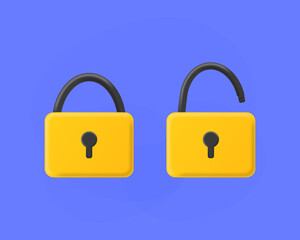  3d Lock with Key icon. Cartoon render yellow padlock isolated. Security concept. Vector illustration