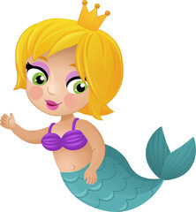 cartoon scene with happy young mermaid swimming isolated illustration for children