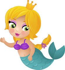 cartoon scene with happy young mermaid swimming isolated illustration for children