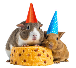Hamsters with party hats and a birthday cake on a transparant background, cut out clipart for print and presentation
