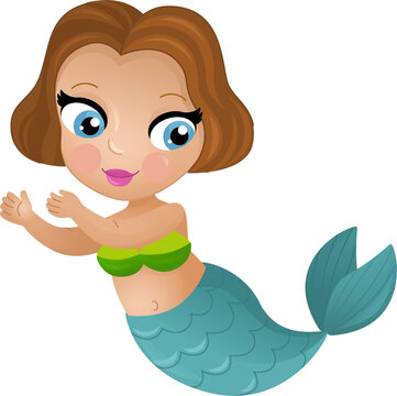 cartoon scene with happy young mermaid swimming isolated illustration for children