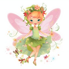 Enchanted garden oasis, vibrant clipart of cute fairies with enchanted wings and oasis of garden flowers
