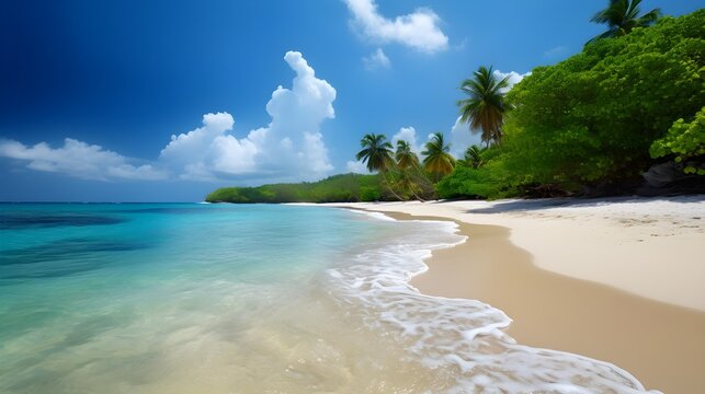 Island paradise, tranquil tropical beach, sun-kissed shores, and pristine seascapes