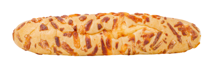 Baguette with baked pieces of cheese, isolated on transparent background