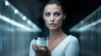 A woman holds a jar of cosmetic cream for face and body care. Taking care of your skin. Generative AI.
