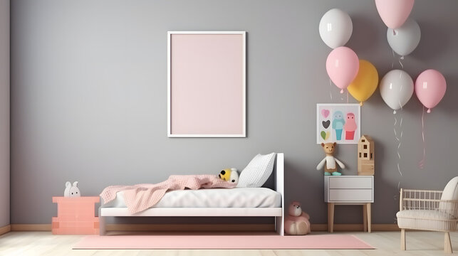 Nursery Room, Kids Room With Baloons, Wall Frame Mockup, Pastel Colors