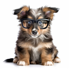 Serious puppy wearing glasses on a transparant background, cut out clipart for print and presentation