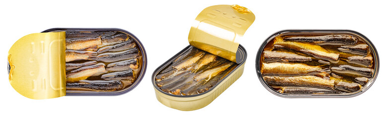 Sprats in oil, canned food opened, isolated on transparent background