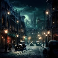 street in the night london 20th century . Created using generative AI - obrazy, fototapety, plakaty