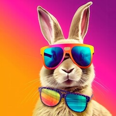 Cool bunny with sunglasses on colorful background  " AI Generated "