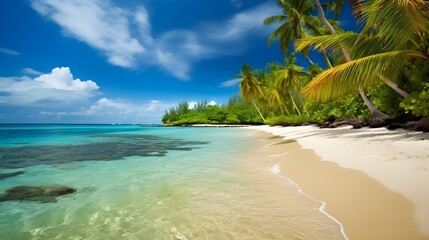 Sandy serenade, enchanting tropical beach, towering palms, and melodic ocean waves