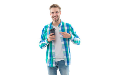 millennial man with coffee on background, point finger. photo of millennial man with coffee.