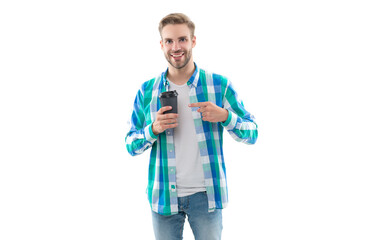 Fototapeta premium millennial man with coffee on background, point finger. photo of millennial man with coffee.