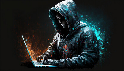 A hooded hacker behind a laptop hacks someone else's data
