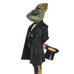 The Fashionable Chameleon: Anthropomorphic Lizard Illustration Reptile Collage