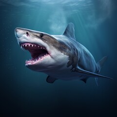 Naklejka premium Model of a dangerous predatory white shark with open mouth underwater AI Generative AI