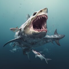 Model of a dangerous predatory white shark with open mouth underwater AI Generative 