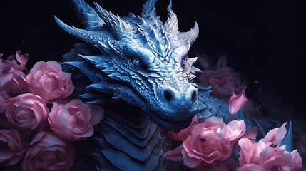 A blue dragon with flowers on it, in the style of fantasy realism. Generative AI.