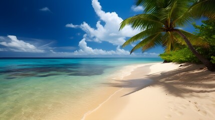 Fototapeta na wymiar Island bliss, idyllic tropical beach, palm-fringed shoreline, and blissful seclusion