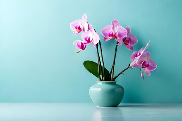 Fototapeta na wymiar Orchid arrangement in a vase on a light blue background
