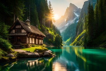 Obraz premium lake in the mountains and tree on the jungles and river water show.House near the river.