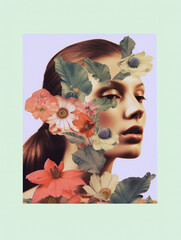 Collage with beautiful female portrait and flowers. AI generated image.