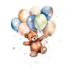 Fotobehang cute teddy bear flying away with ballons in watercolor design isolated on transparent background © bmf-foto.de