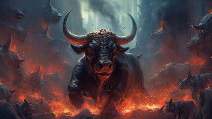 Fiery Rebirth: The Bull Bit Bulls Emerging from the Lava. generative AI,