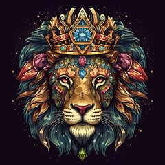Lion, colorful lion with diamond crown