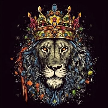 Lion, colorful lion with diamond crown