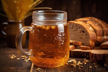 traditional drink fermented kvass from rye bread in special half-liter mug on dark background. Copy space. Generative AI - obrazy, fototapety, plakaty