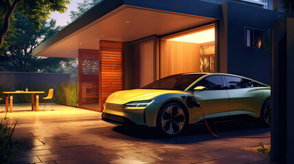 Fototapeta na wymiar Electric Car Charging in the Driveway of a Modern Home During the Evening, Generative AI