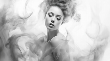 Generative AI Illustration of A Fashion Model Surrounded by Smoke or Mist