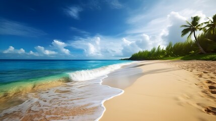 Tropical bliss, mesmerizing sandy beach, sun-kissed palms, and azure seascape