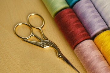 pink, orange, yellow, red, brown, green, blue, lilac, white sewing thread on spools, scissors,...