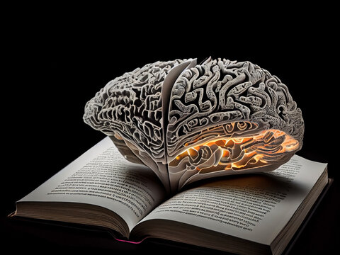 Image of the human brain on the pages of an open book. Generative AI
