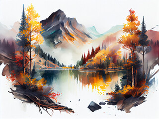 A painted autumn mountain forest landscape, including mountains, forest and a lake, on an isolated background. Generative AI