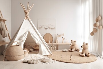 cozy childs room featuring a teepee tent and cuddly teddy bears. Generative AI