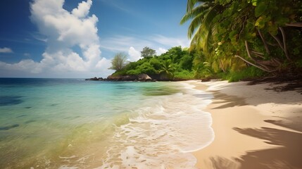 Sunset haven, picturesque tropical beach, golden hour glow, and magical shoreline