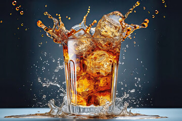 fresh cola drink splashing with ice cubes, generative ai illustration - obrazy, fototapety, plakaty