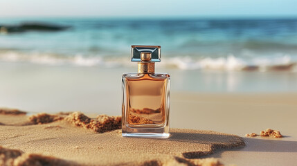 transparent spray bottle of perfume close up backdrop of sea in sun. Presentation of unisex perfumes in sea environment. Generative AI - obrazy, fototapety, plakaty