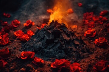 blazing fire surrounded by vibrant red flowers up close. Generative AI