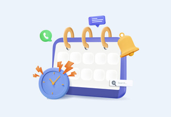 Online schedule, agenda. 3D calendar marked date and time for reminder day isolated background. Calendar 3d clock for schedule appointment, event day, holiday planning. 3d notification icon vector