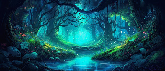 glowing bioluminescent fantasy forest, generative ai illustration