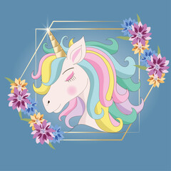 Cute magical unicorn with frame and flowers. Vector illustration
