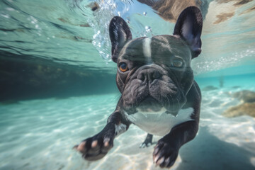 French bulldog diving on the tropical beach. Ai generative art