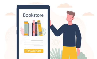 Man with online bookstore concept. Young guy next to smartphone with books and library. Love for literature and reading. Education and training, learning. Cartoon flat vector illustration