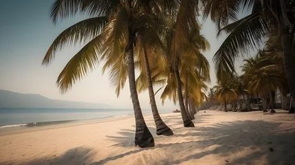 Rolgordijnen Palmy Trees Stand in Harmony with a Sandy Beach, Creating a Captivating Scene © Ranya Art Studio