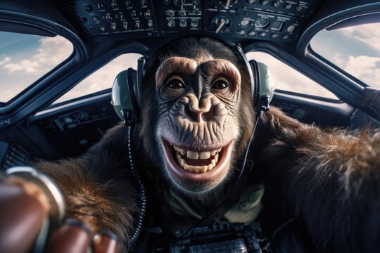 Self portrait of smiling monkey doing flight control in aircraft. AI generative art
